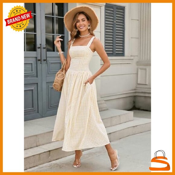 Summer Corset Midi Dress Flowy Square Neck Sleeveless with Pockets - Picture 3 of 8